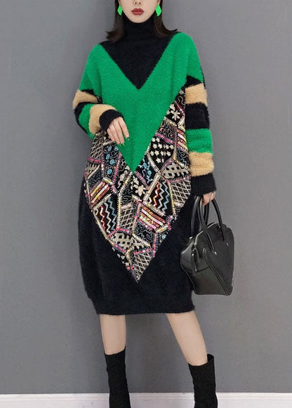 Classy Black Turtle Neck Print Thick Mink Velvet Dresses Spring
