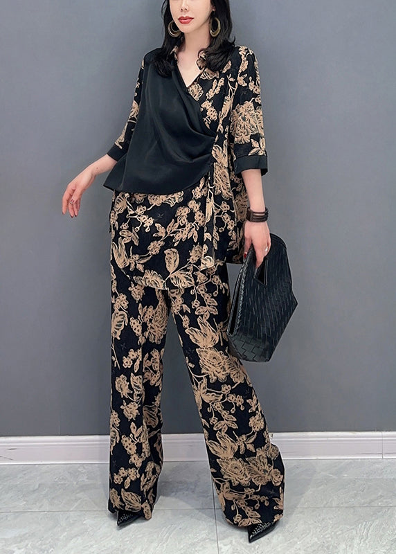 Classy Black V Neck Fake Two Pieces Top and Wide Leg Pants Two Piece Set Spring