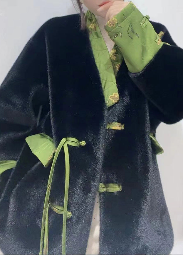 Classy Black V Neck Mink Velvet Patchwork Button Warm Leather and Fur Coat Winter