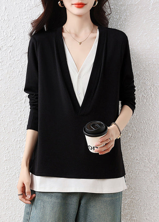 Classy Black V Neck Patchwork Cotton Fake Two Piece Tops Fall