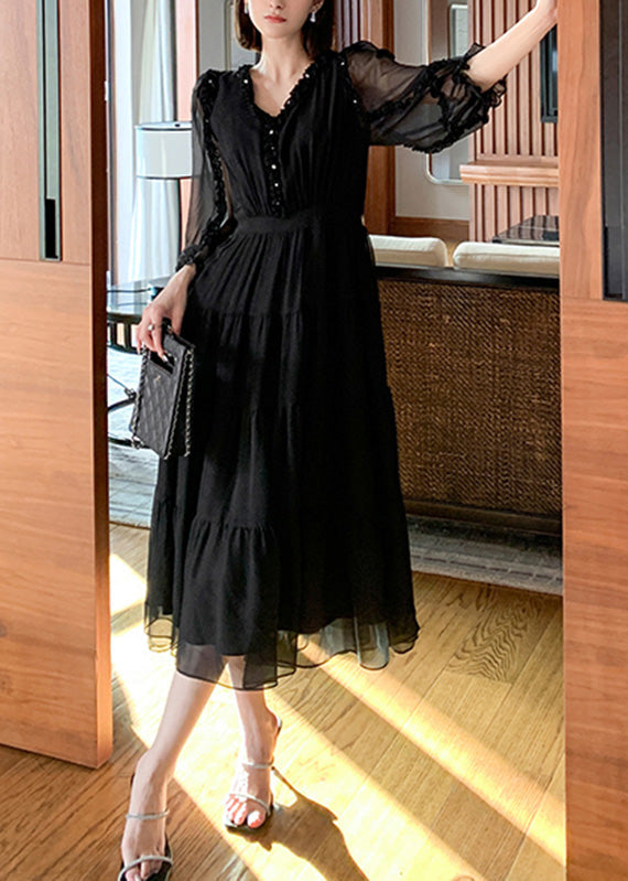 Classy Black V Neck Patchwork Tunic Button Vacation Maxi Dresses Long Sleeve