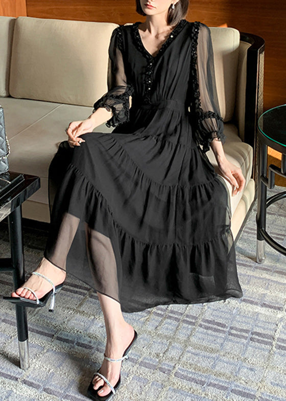 Classy Black V Neck Patchwork Tunic Button Vacation Maxi Dresses Long Sleeve