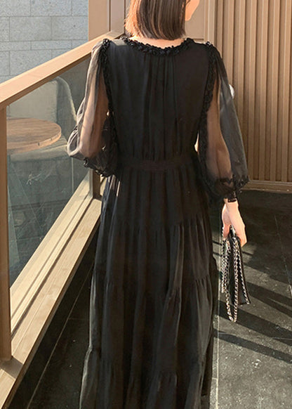 Classy Black V Neck Patchwork Tunic Button Vacation Maxi Dresses Long Sleeve