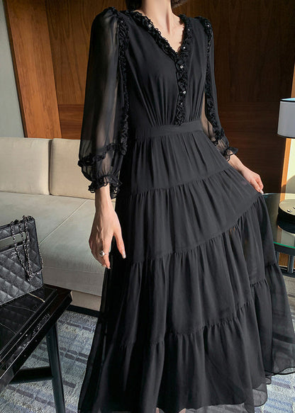 Classy Black V Neck Patchwork Tunic Button Vacation Maxi Dresses Long Sleeve