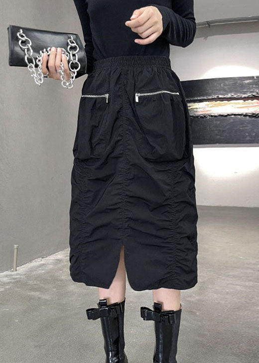 Classy Black Wrinkled Zippered Pockets Fall Skirts