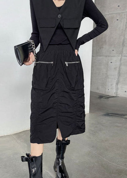Classy Black Wrinkled Zippered Pockets Fall Skirts