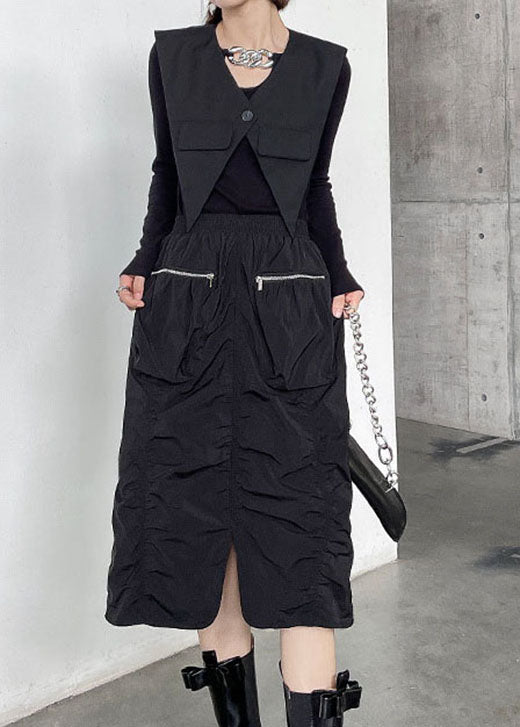 Classy Black Wrinkled Zippered Pockets Fall Skirts