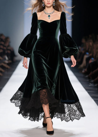 Classy Blackish Green Lace Patchwork Velvet Dresses Spring
