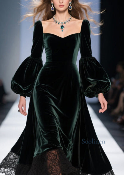 Classy Blackish Green Lace Patchwork Velvet Dresses Spring