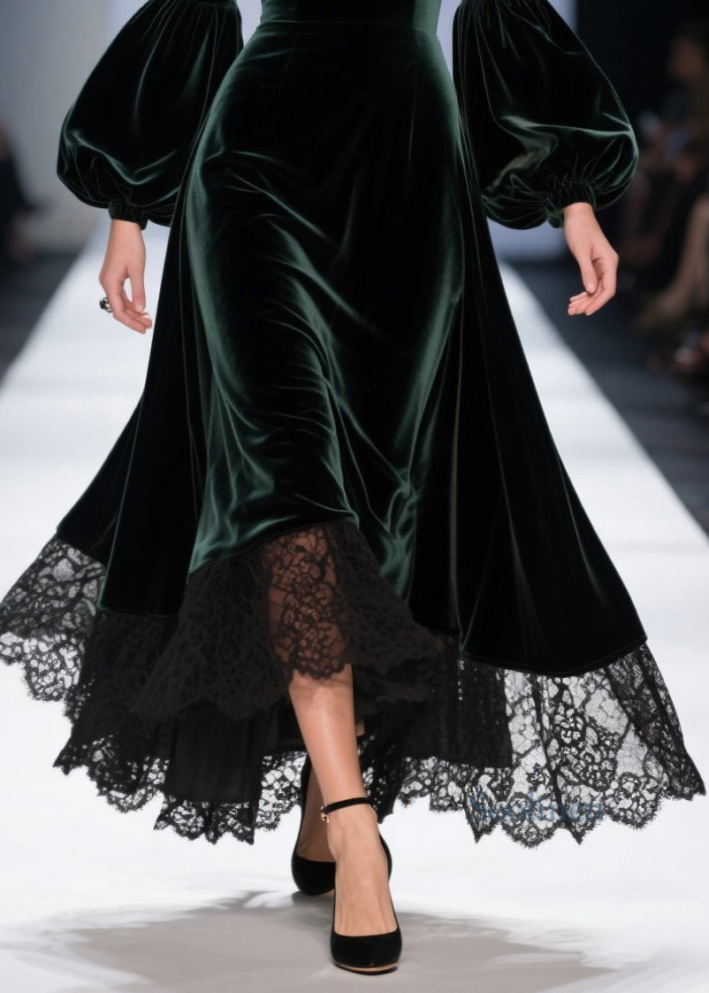 Classy Blackish Green Lace Patchwork Velvet Dresses Spring