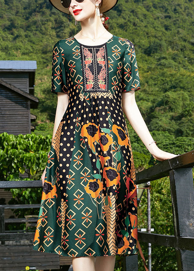 Classy Blackish Green O-neck Patchwork Silk Formal Dress Short Sleeve
