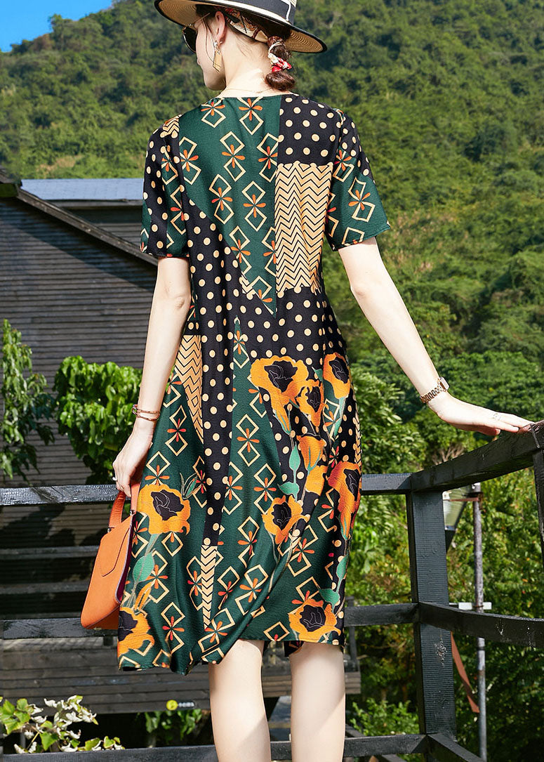 Classy Blackish Green O-neck Patchwork Silk Formal Dress Short Sleeve
