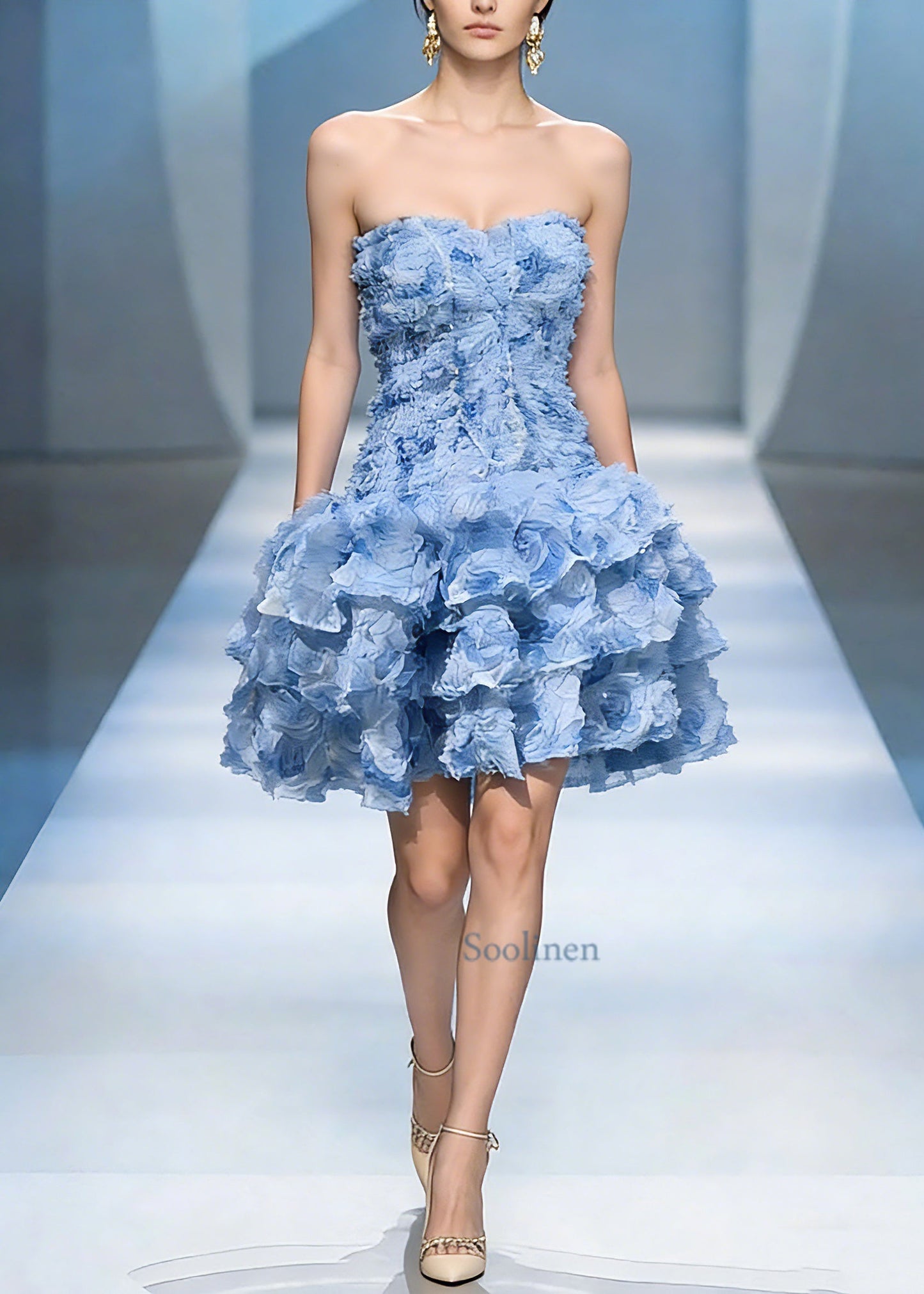 Classy Blue Cold Shoulder Tulle Mid Dress Summer