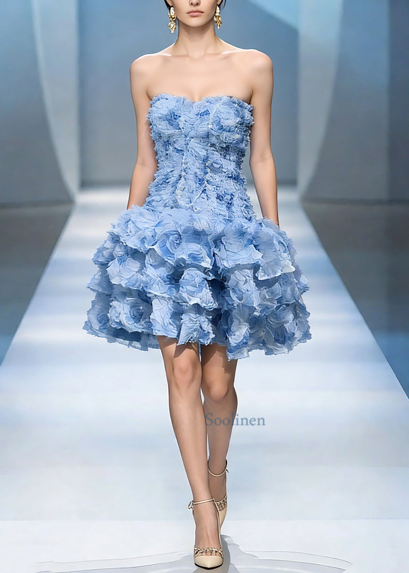 Classy Blue Cold Shoulder Tulle Mid Dress Summer