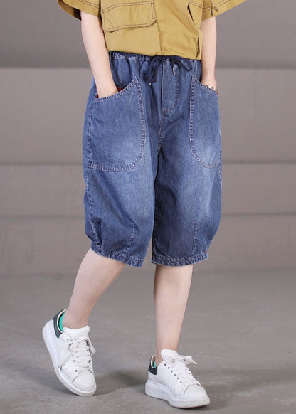 Classy Blue Elastic Waist Tie Waist Pockets Patchwork Cotton Denim Shorts Summer