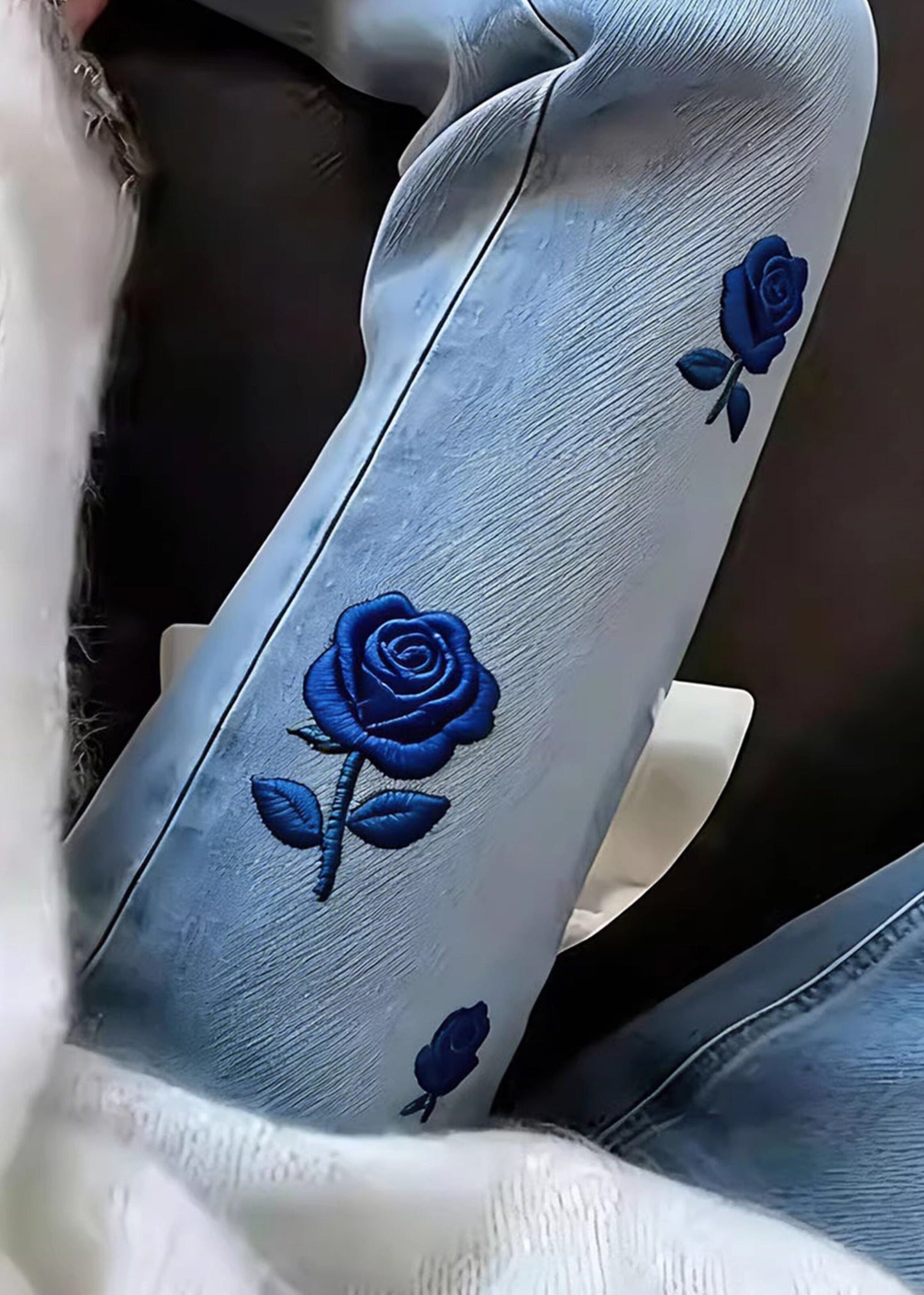 Classy Blue Embroidered Denim Straight Pants Spring