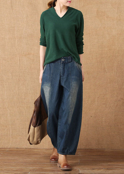 Classy Blue High Waist Pockets Patchwork Cotton Harem Pants Summer