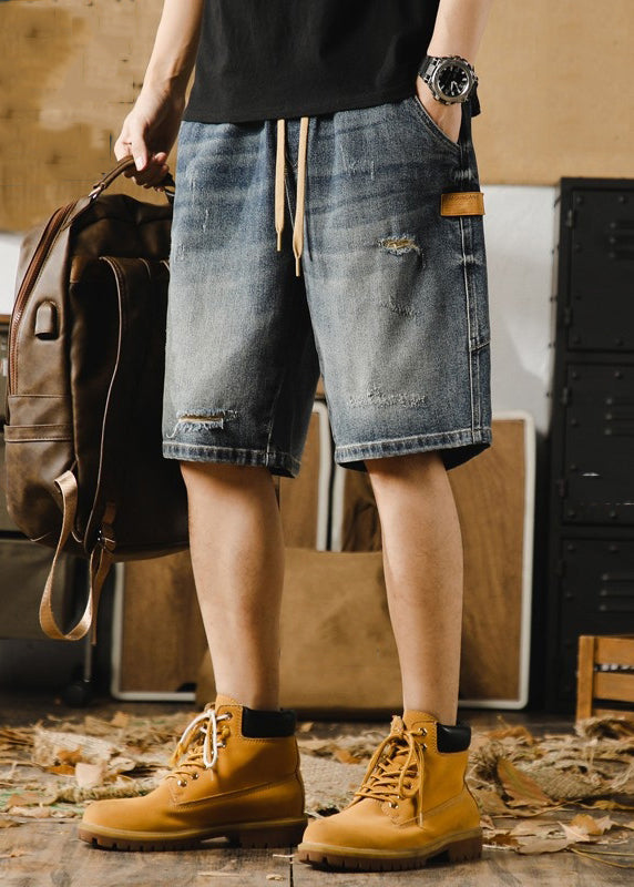 Classy Blue Hole Lace Up Denim Shorts Elastic Waist Summer