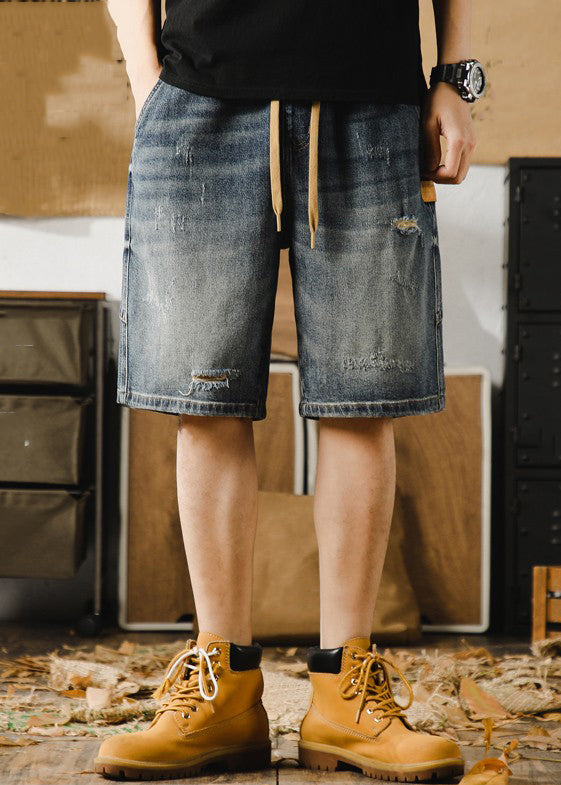 Classy Blue Hole Lace Up Denim Shorts Elastic Waist Summer