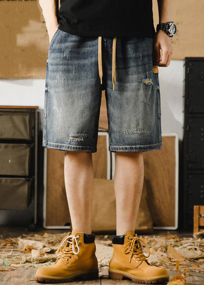 Classy Blue Hole Lace Up Denim Shorts Elastic Waist Summer