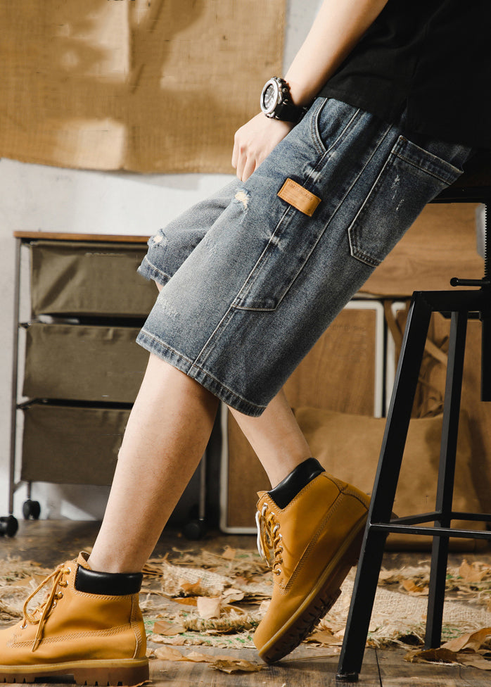 Classy Blue Hole Lace Up Denim Shorts Elastic Waist Summer