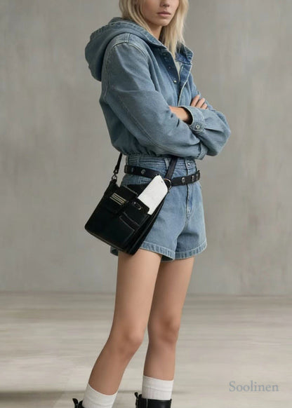 Classy Blue Hooded Denim Shorts Jumpsuit Spring