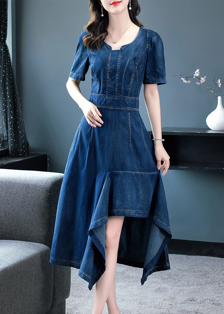Classy Blue O-neck Asymmetrical Patchwork Cotton Holiday Denim Maxi Dress Short Sleeve