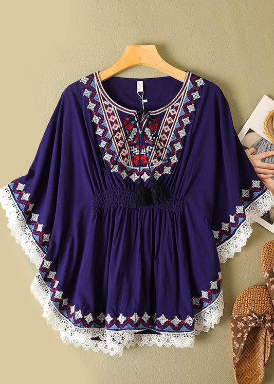 Classy Blue O-neck Embroideried Wrinkled Linen Shirt Tops Batwing Sleeve