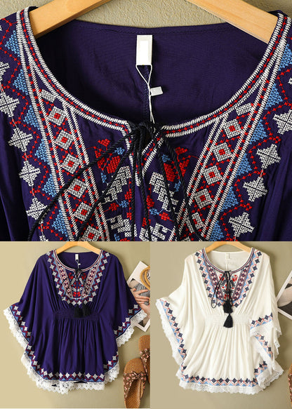 Classy Blue O-neck Embroideried Wrinkled Linen Shirt Tops Batwing Sleeve
