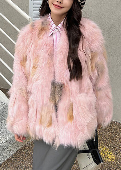 Classy Blue O-neck Leather and Fur Coat Spring