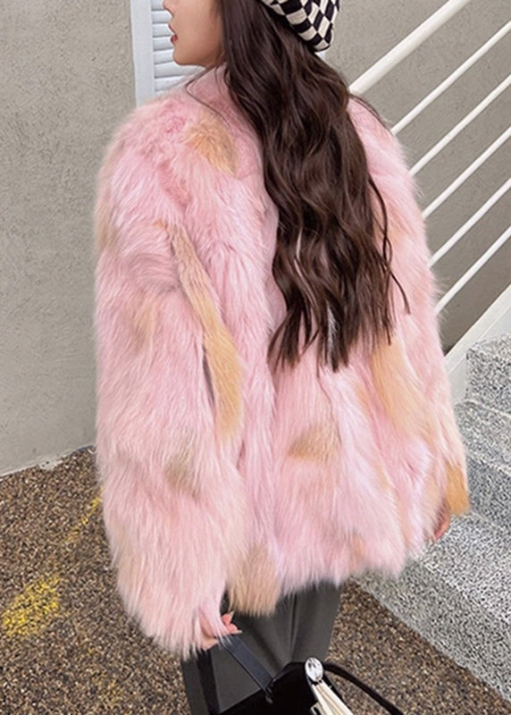 Classy Blue O-neck Leather and Fur Coat Spring