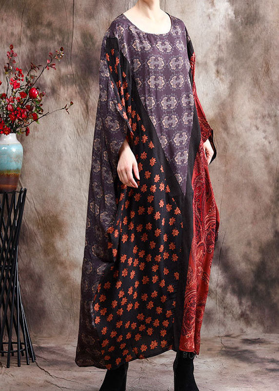 Classy Blue Patchwork Bat Wing Sleeve Silk Dress Spring