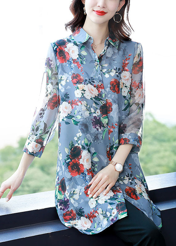 Classy Blue Peter Pan Collar Print Chiffon Long Shirt Bracelet Sleeve