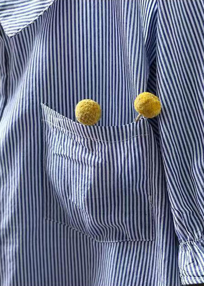 Classy Blue Peter Pan Collar Striped Cotton Shirts Summer