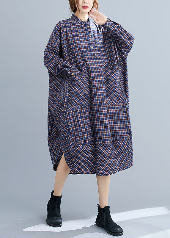 Classy Blue Plaid Button Patchwork Pockets Fall Top Long Sleeve Dresses