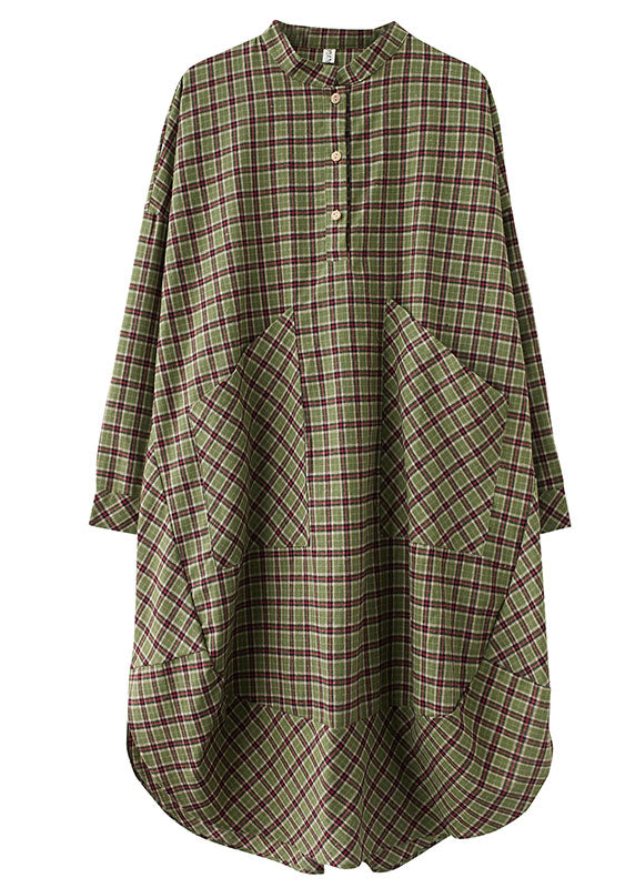Classy Blue Plaid Button Patchwork Pockets Fall Top Long Sleeve Dresses