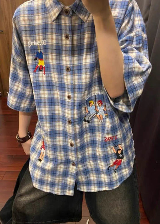 Classy Blue Plaid Print Button Cotton Shirts Half Sleeve