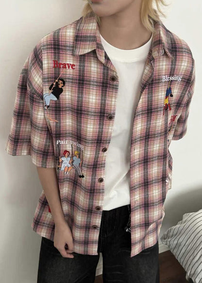 Classy Blue Plaid Print Button Cotton Shirts Half Sleeve