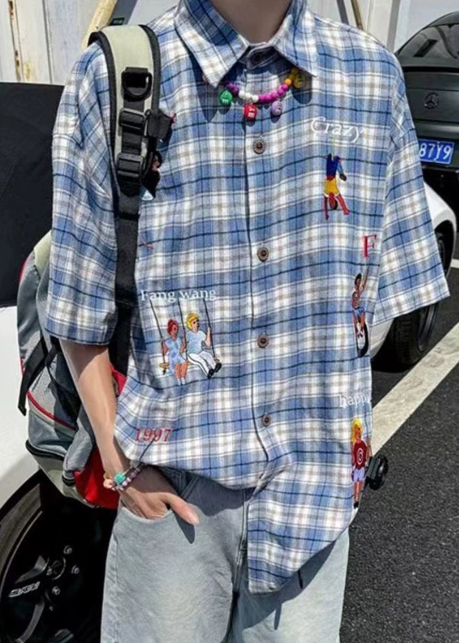 Classy Blue Plaid Print Button Cotton Shirts Half Sleeve