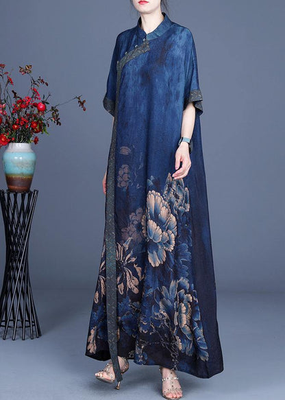 Classy Blue Print Patchwork Oriental Long Dress Summer
