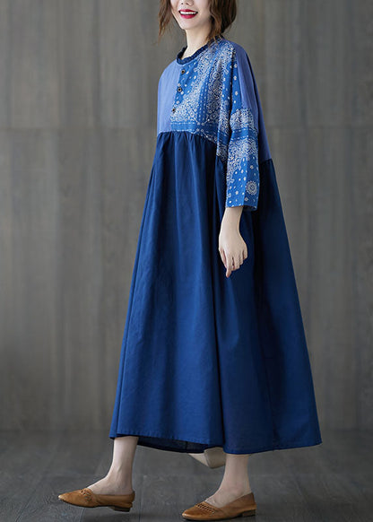 Classy Blue Ruffled Print Cotton Long Dress Spring