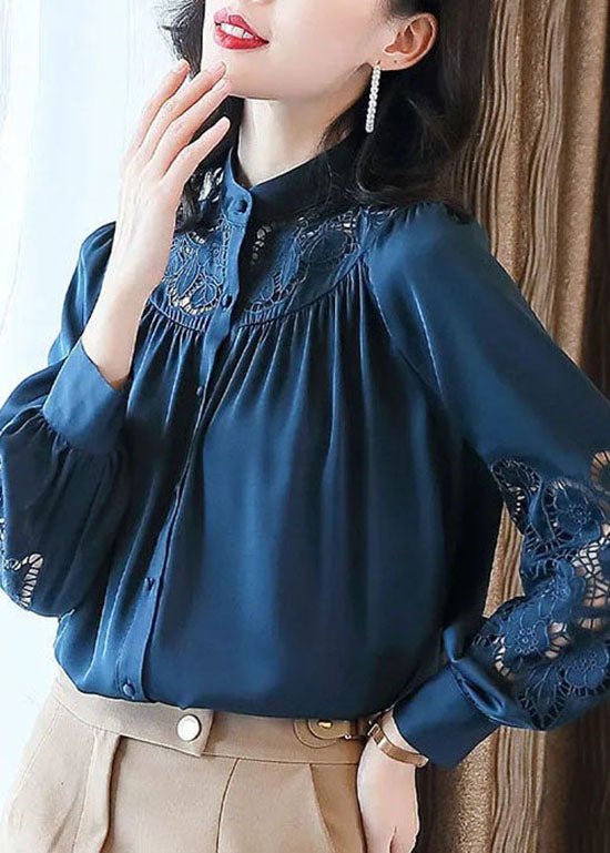 Classy Blue Stand Collar Button Hollow Out Embroideried Silk Blouses Spring