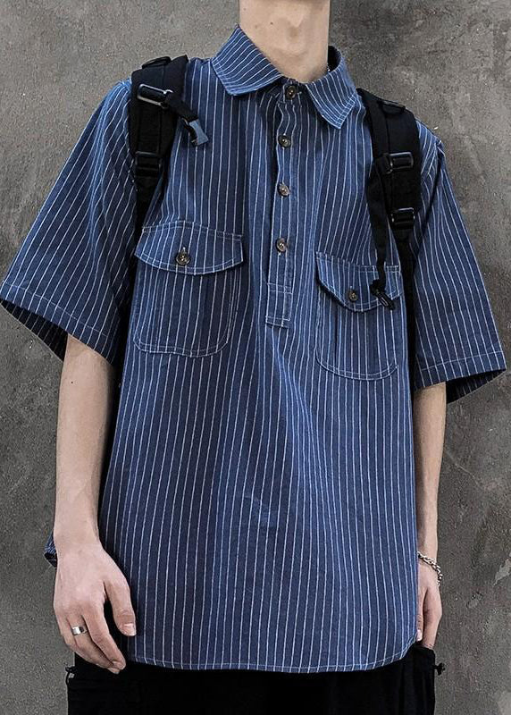 Classy Blue Striped Pockets Cotton Shirt Summer