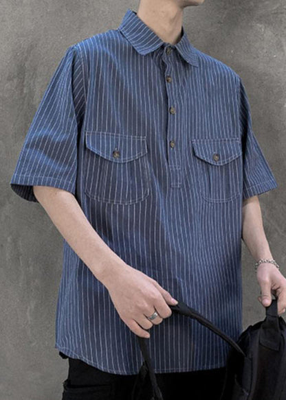 Classy Blue Striped Pockets Cotton Shirt Summer