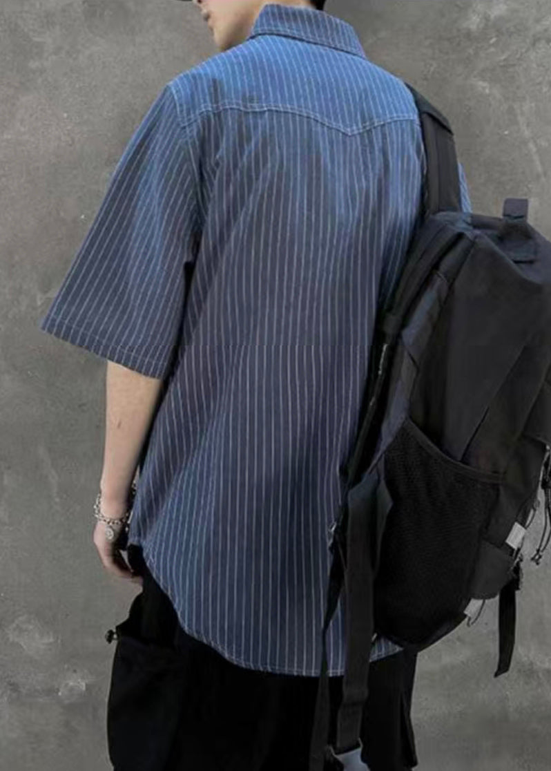 Classy Blue Striped Pockets Cotton Shirt Summer
