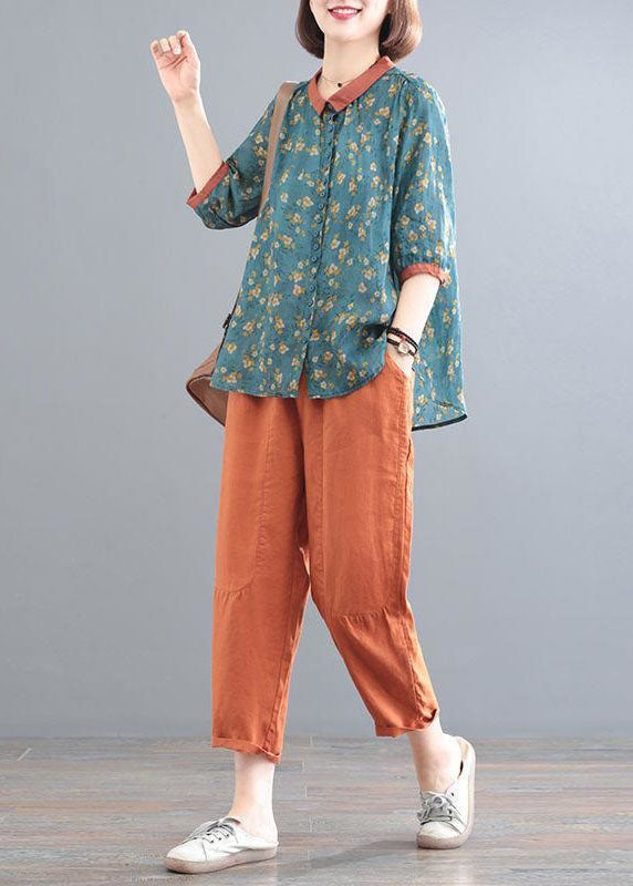Classy Blue Tops and Orange Pants Linen Two Pieces Set Summer