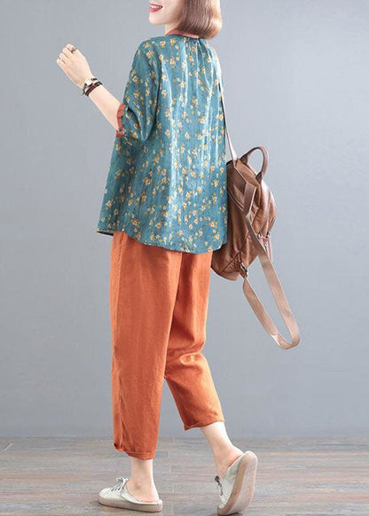 Classy Blue Tops and Orange Pants Linen Two Pieces Set Summer