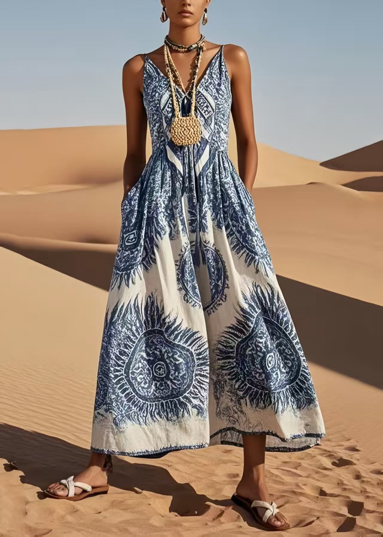 Classy Blue V Neck Print Cotton Cami Dress Summer