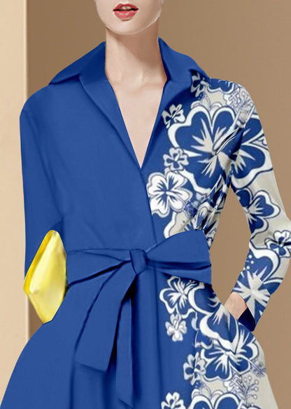 Classy Blue Tie Waist Peter Pan Collar Print Silk Dresses Long Sleeve