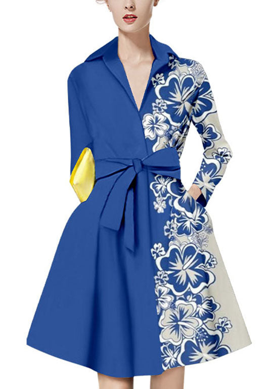 Classy Blue Tie Waist Peter Pan Collar Print Silk Dresses Long Sleeve